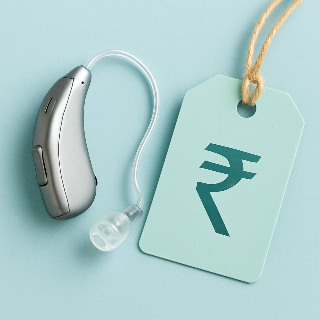 A modern hearing aid next to a price tag with a rupee symbol on it